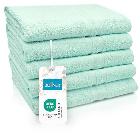 ZOLLNER 5er Set Duschtücher in 70x140 cm - Flauschige Badehandtücher aus Baumwolle - mit moderner Streifenbordüre - bis 60°C waschbar - mit praktischem Aufhänger - in Mint - Hotelqualität