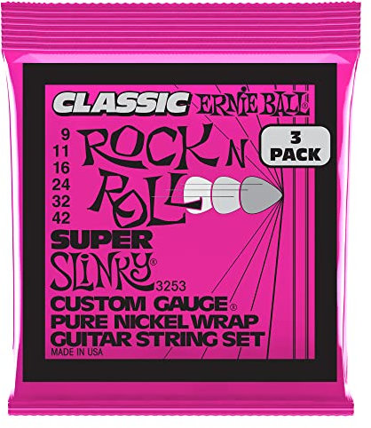Ernie Ball Super Slinky klassische Rock‘n‘Roll-E-Gitarrensaiten, reine Nickelwicklung, 3er-Pack, Stärke 9–42