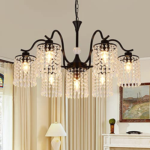 Ganeed Lampadario Moderno in Cristallo Metal Opaco Stile Francese Country Vintage Lampada Sospensione Regolabile Soffitto con Paralume Goccia Nero 7 Luci