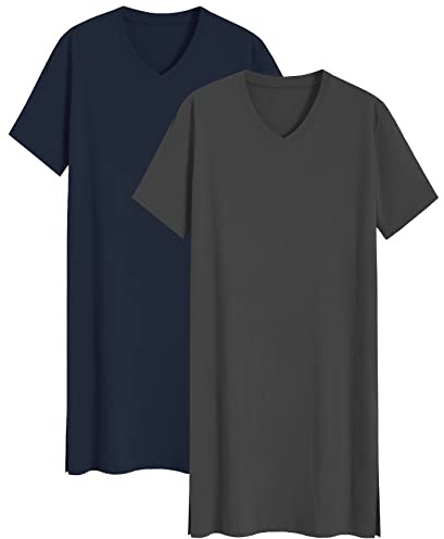 Latuza Men's 2 Pack Nightshirt Cotton Sleep Shirt Nightgown XL Navy Gray