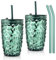 Joeyan 430 ml Grün Trinkbecher mit Deckel und Strohhalm,Glas Bubble Tea Becher Trinkgläser mit Diamant Design,Eiskaffee Gläser Tassen,Smoothie Saft Boba Wasser Tumbler Cup,2er Set,Spülmaschinenfest