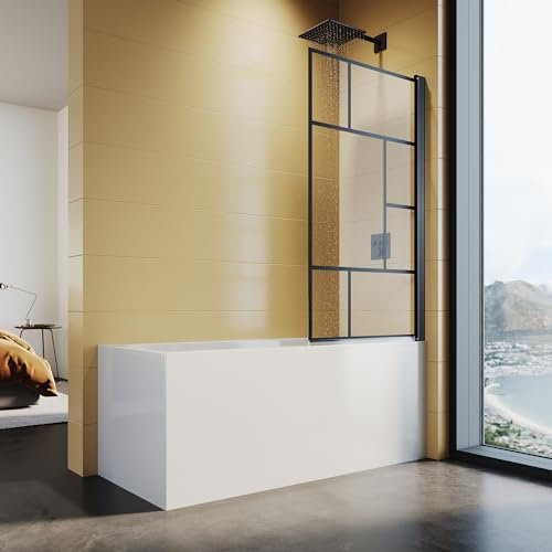 SUNXURY Pannello doccia per vasca da bagno, 80 x 140 cm, divisorio doccia con vetro NANO-ESG da 6 mm, con design a griglia nera opaca