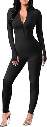 Yaaapiy Jumpsuit for Women Yoga Unitard Long Sleeve Sport Romper Zip Up V Neck Gym Playsuits Bodycon All In One Jumpsuits