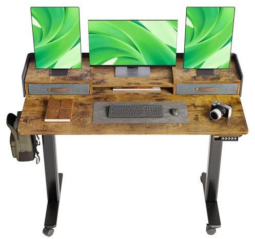Claiks Schreibtisch Höhenverstellbar Elektrisch, Höhenverstellbarer Schreibtisch 120x60 cm mit Schubladen und Monitorständer, Standing Height Adjustable Desk, Braun