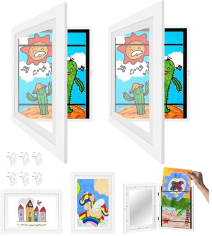 2 Pezzi Cornice da Disegni per Bambini da cambiare,A4 Cornici per Foto Artistiche per Bambini Montata a Parete Cornice per foto Artistiche Incernierata con Apertura Frontale Cornice in Legno,Bianca