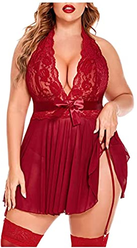Sexy Lingerie for Women Sets UK Plus Size Naughty Halter Neck Babydolls Lace Floral Nightwear Set See Through Chemise Teddy Bodysuit Negligee Sleepwear Strappy Nightdress with Thong G-String Wine