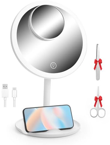 OTraki Schminkspiegel mit Beleuchtung, Vergrößerungsspiegel mit Light 10 Fach, Kosmetikspiegel mit Beleuchtung, Verstellbare Helligkeit in 3 Farben, Round Wiederaufladbar Vergrößerungs mit USB-Kabel