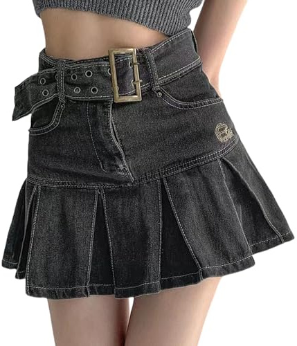 tinetill Y2K Jupe en Jean pour Femme Jupe Plissée Mini Jupe Taille Haute Jean A-Line Jupe en Jean Jupe D'été Vintage Jupes Courtes en Jean Casual Club Cargo Gothique Punk