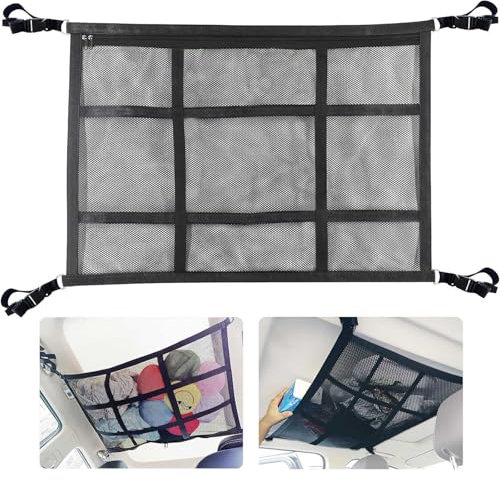 Powerruif Rete Portaoggetti Soffitto Auto, 90cm x 65cm, Rete Bagagli Tetto Auto Doppio Strato, Poliestere Nero, Gancio, Compatibile con SUV, Jeep