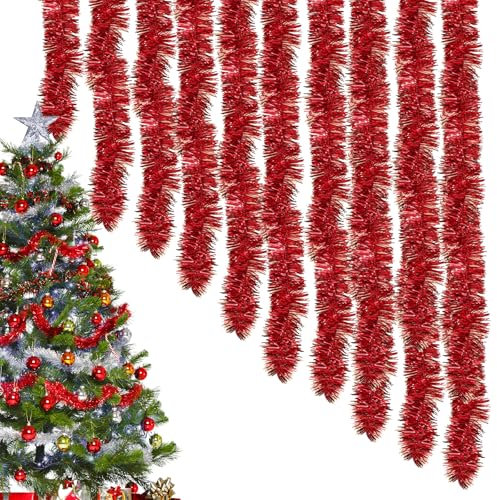 Weihnachten Lametta Girlande, 10 Stück Weihnachtsgirlanden Glänzend 2m, Metallic Garland Glitzernde Hängende Dekoration, Hängende Dekoration für Weihnachtsbaum Kranz Hochzeit Party (Rot)