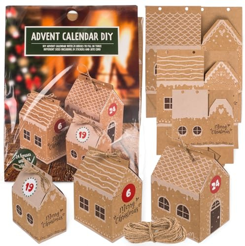 MIJOMA Calendario dell'Avvento fai da te da riempire – 24 casette natalizie in 3 misure, con adesivi numerici e cordoncino di iuta, perfetta decorazione natalizia