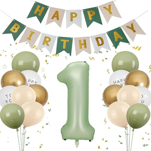 1. Födelsedagsdekoration salviagrön, dekoration 1 födelsedag flicka pojkar, födelsedagsdekoration 1 år, olivgrön siffror 1 ballong, Happy Birthday-folieballong 1 grön guld, ballong 1 dekoration för