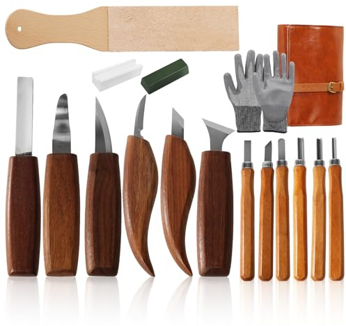 Juego de 17 cuchillos para tallar de madera para principiantes, seguro y sencillo, selección completa de herramientas con guantes, bolsa de herramientas