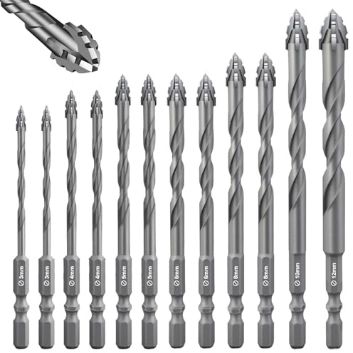 Flintronic Lot de 12 forets excentriques 3/3/4/4/5/5/6/6/8/8/10/12 mm - Foret en carbure 4 tranchants - Béton, verre, céramique, bois, métal