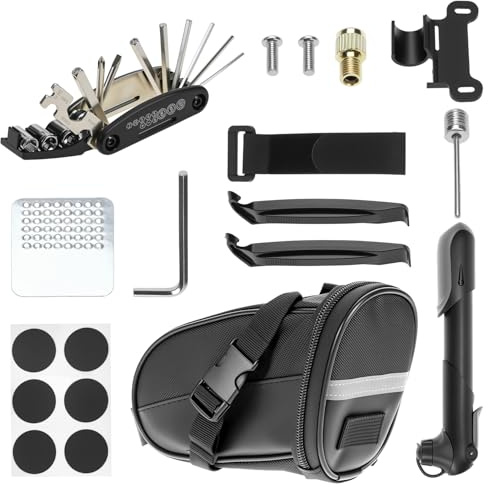 QWORK® Kit di Riparazione Biciclette 15 in 1 con Pompa, Multitool e Strumenti di Emergenza