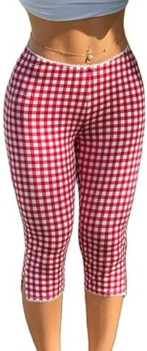 SANSIWU Women Gingham Capri Trousers Skinny Fit Lace Cuffs Plaid Skinny Cropped Short Pants Summer Capris Leggings (Red, L)