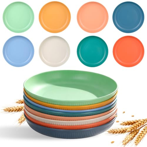 Yuecda 8 Unbreakable 9 Deep Plastic Dinner Plates - Reusable, Microwave & Dishwasher Safe, 8 Vibrant Colors, Perfect for Camping