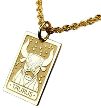 Collar con colgante del signo zodiacal Tauro en relieve, fabricado en plata de ley 925 con baño de oro, cadena de eslabones de 45 cm (18), dije rectangular para joyería unisex | LK_EMBO_00419