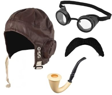 Rocking Party Pilot Aviation Fancy Dress Set (Brown Cap, Goggles, Moustache & Pipe)