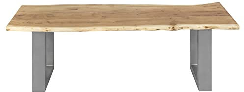 junado Sitzbank 120x42 cm Quintus, Akazie naturfarben, Silberne Metallbeine, echte Baumkante, Massive Holzbank