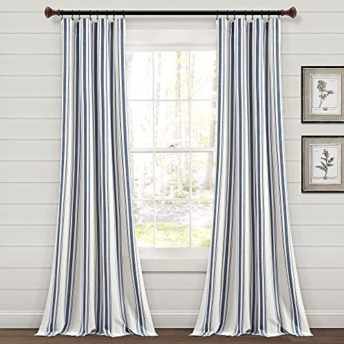 Lush Decor Farmhouse Stripe Yarn Dyed Cotton Window Curtain Panel Pair, 42 W x 84 L, Navy - Classic Modern Rustic Charm - Eco Friendly Cotton Fabric(2 count pack of 1)