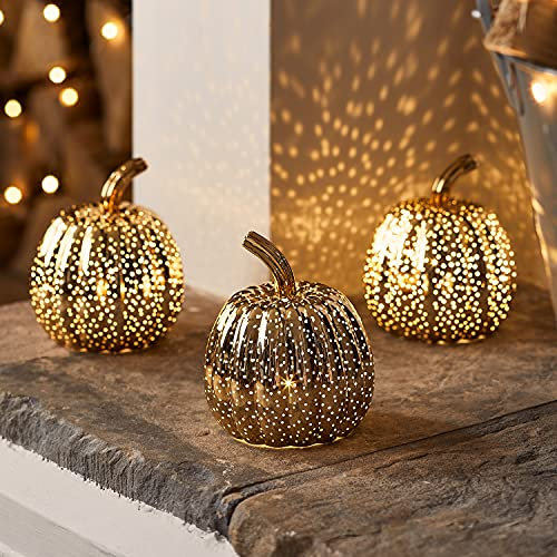 Lights4fun Indoor Set of 3 Gold Mottled Glass LED Light Up Pumpkins Battery Operated LED Autumn Halloween Party Decoration for Home