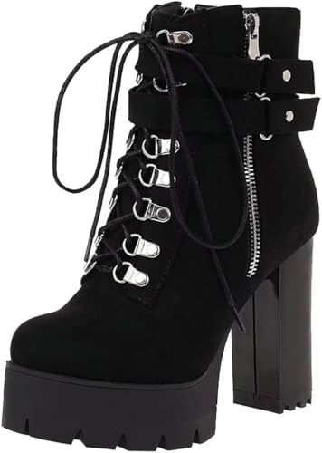 Agodor Women's Goth Platform Combat Booties Lace up Round Toe Chunky High Heel Gothic Ankle Boots (US 15, black)