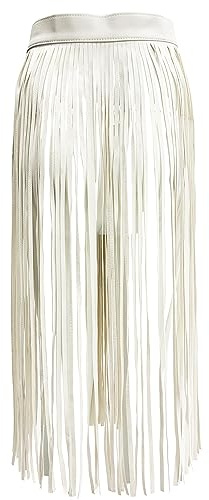 KKmeter Women PU Leather Long Fringe Skirt Waist Belt Girdle Adjustable Buckle Rave Rocker Dance Performance Costumes (White, Medium)