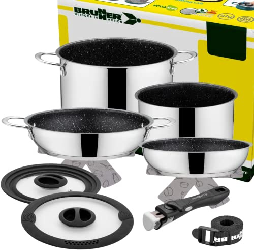 BRUNNER: Camping Topf-Set Edelstahl (Kochtöpfe, Bratpfanne & Griff) ø 22 cm - ACADEMY HIGH NG 7+1 Teilig - Elektro-Herd, Gaskocher, Induktion & Keramikkochfeld - Für 4-6 Personen