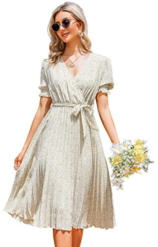 KOJOOIN Damen Sommerkleid V Ausschnitt Tunika Midikleid Plissiert Wickelkleid Kurzärm Casual Kleid A-Linie Freizeitkleid mit Gürtel, Gelbe Blume, L