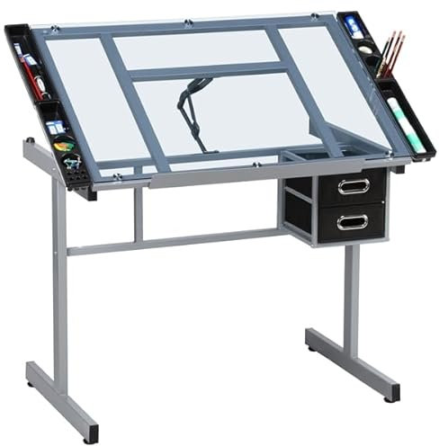 Yaheetech Tavolo da Disegno Inclinabile Scrivania con Piano in Vetro Regolabile Struttura in Acciaio Mobile Studio con Cassetti a Doppio Uso per Arte Pittura Design Lavoro Altezza Regolabile