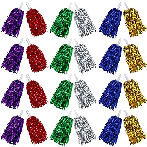 24PCS Cheerleading Pom Poms Metallic Foil Plastic Pom Poms with Baton Handle for Game Sports Squads Dancing Party Football Basketball Club Spirit Sports Stage Performance Celebration (colourful)