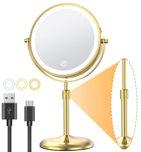 Gospire 7 Lighted Makeup Mirror with Magnification 10X/1X, Height Adjustable & 3 Color Dimmable Lights, 360° Swivel Double Sided Light up Rechargeable Cosmetic Vanity Cordless Standing Mirror-Gold