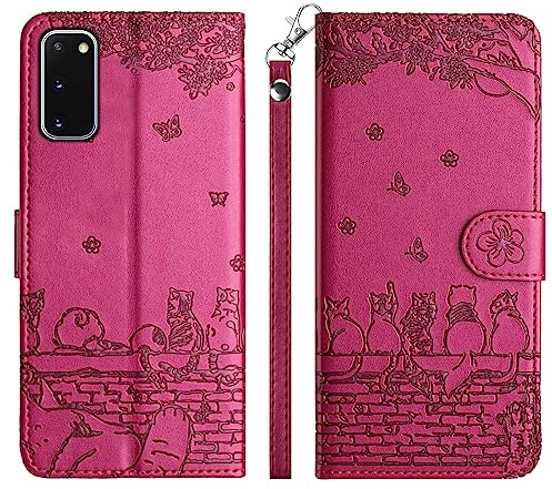 Aisenth Handyhülle für Samsung Galaxy S20, Katze, Schmetterlings Muster Leder Handytasche Brieftasche Klapphülle Etui Flip Case Schutz Hülle mit Ständer, Kartenfächer -Violett Rot