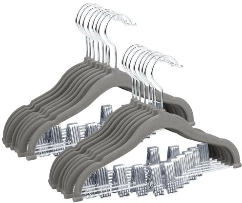 ManGotree 30cm Baby-Samtbügel mit Beweglichen Clips, rutschfeste Kinder-Kleiderbügel, Ultradünne Platzsparende Kinder-Filzbügel für Hemden, Hosen, Kleider, Röcke, Jacken (16 Stück, Grau)