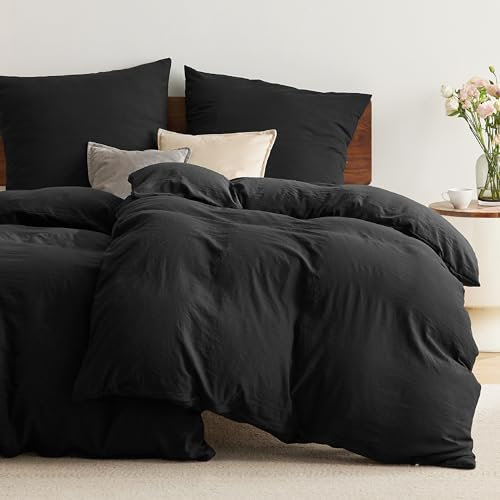 BEDSURE Bettwäsche 135x200 4teilig Schwarz, Weiche Vorgewaschene Baumwollähnlich ÖKO-TEX Bettwäsche-Set, 2 Bettbezug 135x200 cm mit Reißverschluss und 2 Kissenbezüge 80x80 cm