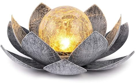 Lámparas solares para exterior jardín loto, flor de loto solar decorativa de metal con bola de cristal crack, linterna LED solar de loto flor de loto, lámpara solar, luz solar de jardín, para exterior