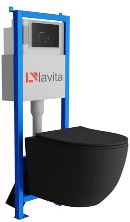 Lavita LAV 101 Vorwandelement für WC 40cm + Wand Hänge Tiefspül WC BRAVA Schwarz Spülrandlos + Bedienplatte LAV 200.3.4 Schwarz | Komplettset | Unterputz Spülkasten | Toilette Komplett Sett