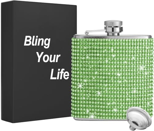 Diamond Hip Flasks - Glitter Stainless Steel Leakproof Hip Flasks with Funnel, Bling Rhinestone Hip Flask, Cute liquor flask for women (Green, 6oz)