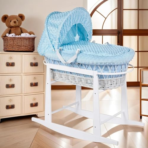 Babymam Moses Basket Wicker White Rocking Stand Baby Padded Dimple Blue Bedding Full Set with Mattress