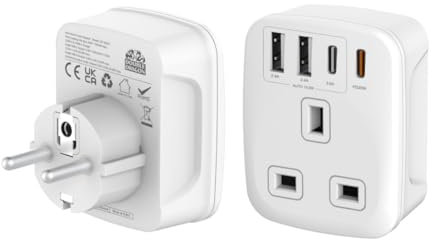 Double Dragon 20W Fast Charging 5-in-1 UK to EU Travel Adapter | 2 USB-A & 2 USB-C Ports | Converts UK 3 PIN Plug to European 2 PIN Plug in Spain, France, Portugal, Germany, Greece, Italy, Sweden, etc