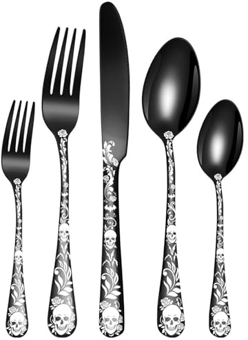XIAOYU 5 Piece Gothic Skull Silverware Set, Halloween Bizarre Flatware Set, Skeleton Flower Unique Pattern Design, Knife Fork Spoon Cutlery Set for Halloween Easter Christmas, Black