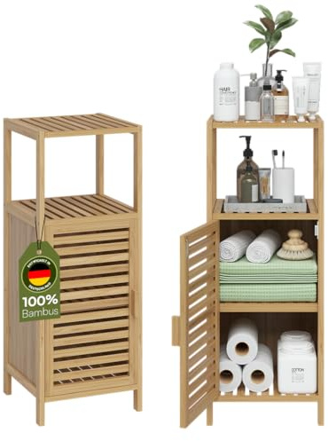 Bellamio Newa Badregal – Badschrank Bambus mit 3 Fächern & 1 Tür – Badezimmerschrank Holzoptik lackiert – Bambusregal 85x33x33 cm – Kleiner Schrank – Standregal/Holzregal schmal – Badmöbel/Saunamöbel