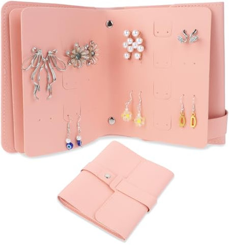 salbsever Pink Earring Book, Earring Holder Organizer Earring Storage Case Organizer Roll Foldable Jewelry Box Portable Pu Leather Travel Earring Case for Women