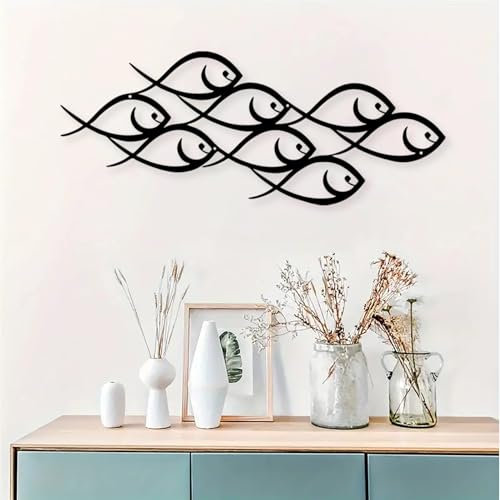 DUOOLN Metal Wall Decor, Large Fish Family, Modern Marine Metal Wall Art, Minimalist Fish Sculpture Hanging Wall Sign,Rustic Home Wall Decor for Indoor Outdoor Kitchen Bathroom Patio Pool or Porch