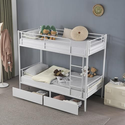BOSTEU Twin Over Twin Bunk Bed Heavy Duty with 2 Drawers Double High Sleeper Bed with Ladder & Guard Rails for Adults Kids (white)