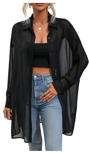 GORGLITTER Women's Sheer Mesh Tunic Blouses Long Sleeve Collared Button Down Shirts Loose Casual Tops Black M
