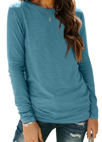 Cuptacc Women Tops Crew Neck Long Sleeve Sports Tops for Women Basic Longsleeve Shirt Comfy Ladies Clothing Turquoise M 12-14