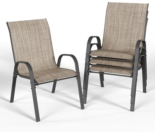 UDPATIO Set med 4 stapelbara trädgårdsstolar, 55 cm breda trädgårdsstolar med högt ryggstöd, stapelbara stolar av textil, ventilerande terrassstolar för balkong, terrass och trädgård, bruna