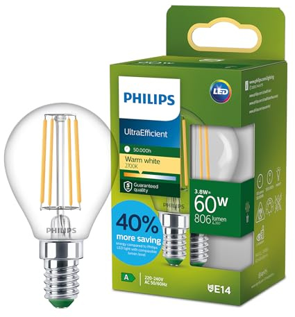 Philips LED UltraEfficient klar P45 ljuskälla, E14 sockel, energiklass A, 806 lm, 60W ekvivalent, varmvit (2700K), EyeComfort, 50 000 timmar, 1 förpackning